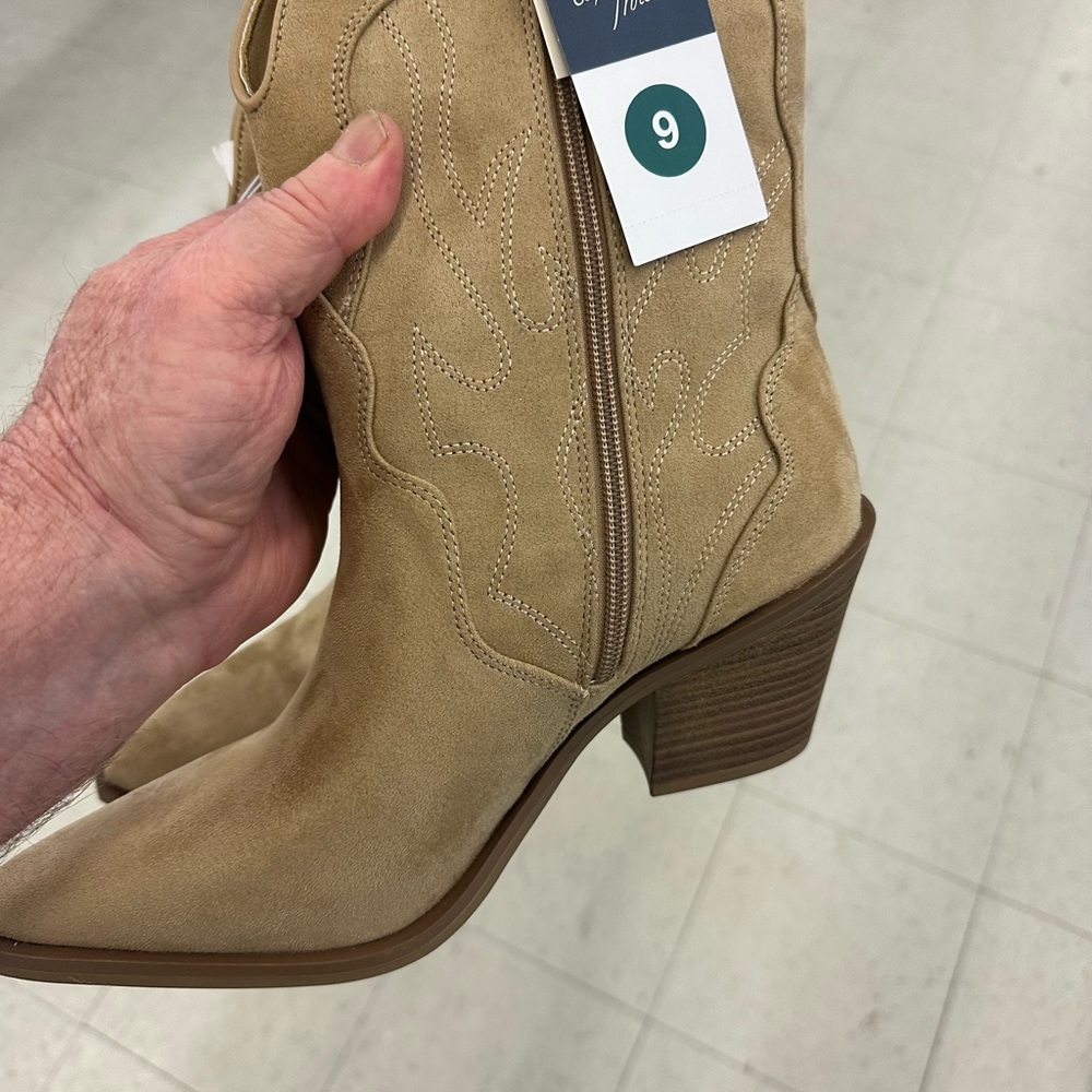 Tan Suede Ankle Booties with Stacked Heel